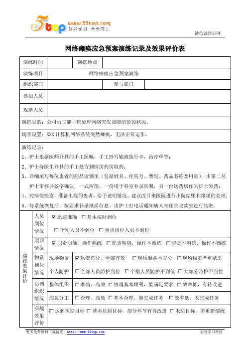 网络瘫痪应急预案演练记录及效果评价表