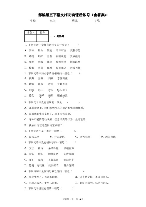 部编版五下语文梅花魂课后练习(含答案)1