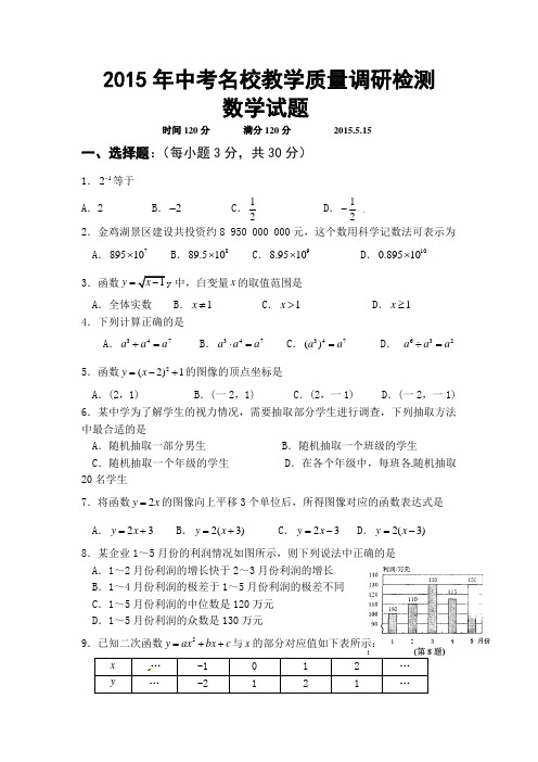 2015年中考名校教学质量调研检测数学试题及答案