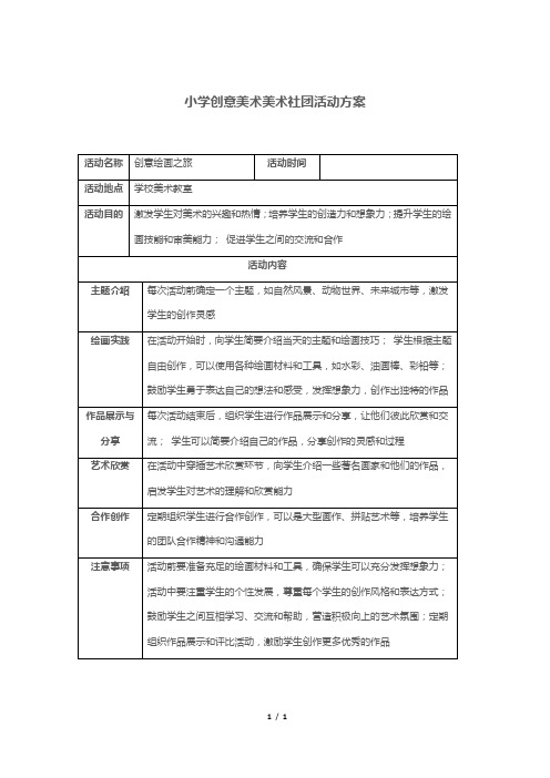 小学创意美术美术社团活动方案