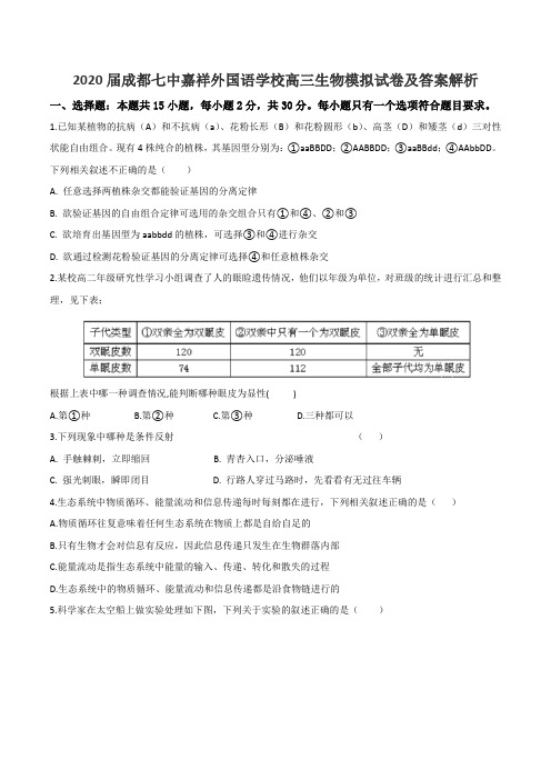 2020届成都七中嘉祥外国语学校高三生物模拟试卷及答案解析