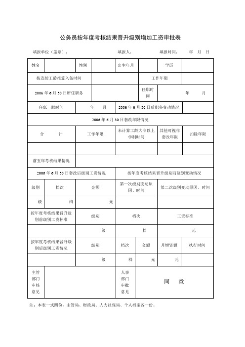 公务员按年度考核结果晋升级别增加工资审批表