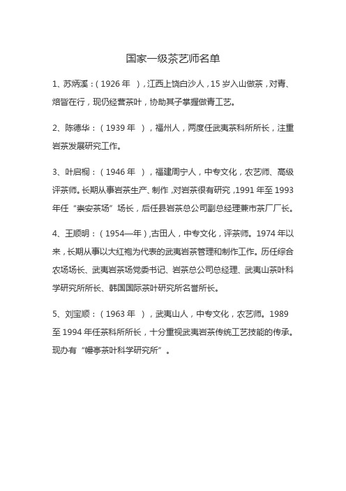 国家一级茶艺师名单