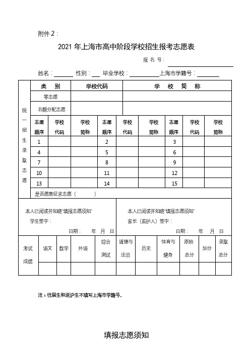 2021年上海市高中阶段学校招生报考志愿表【模板】