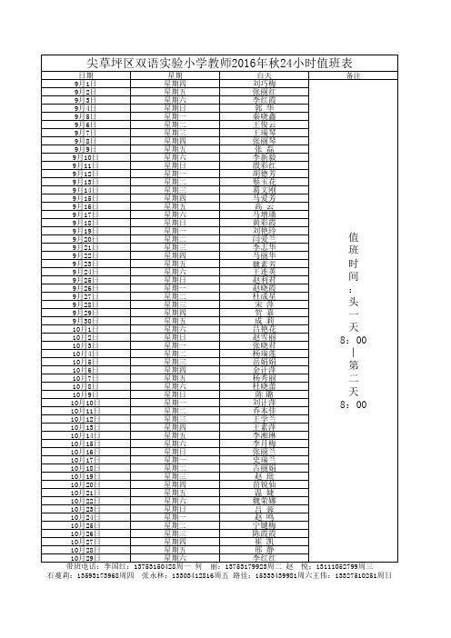 尖草坪区双语实验小学教师2016年秋24小时值班表