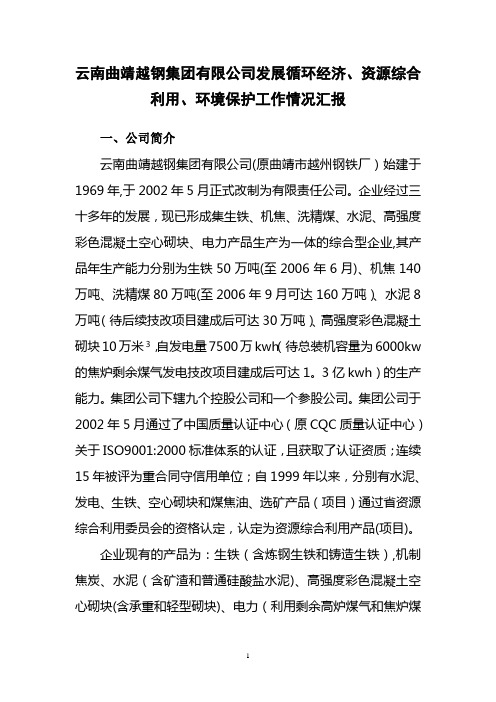 云南曲靖越钢集团有限公司发展循环经济、资源综合利用及环境保护工作情况汇报