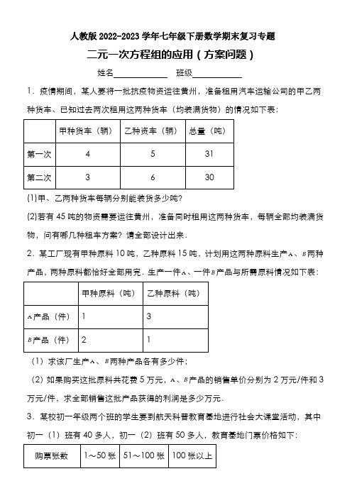 人教版2022-2023学年七年级下册数学期末复习专题：二元一次方程组的应用(方案问题) (2)