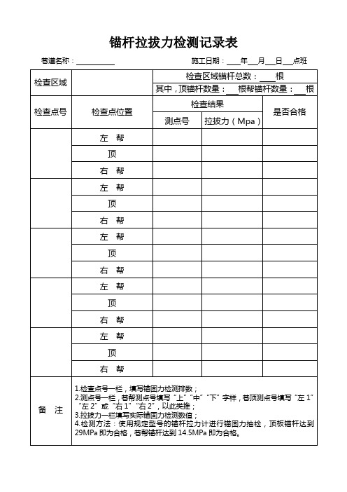 锚杆拉拔力检测记录表