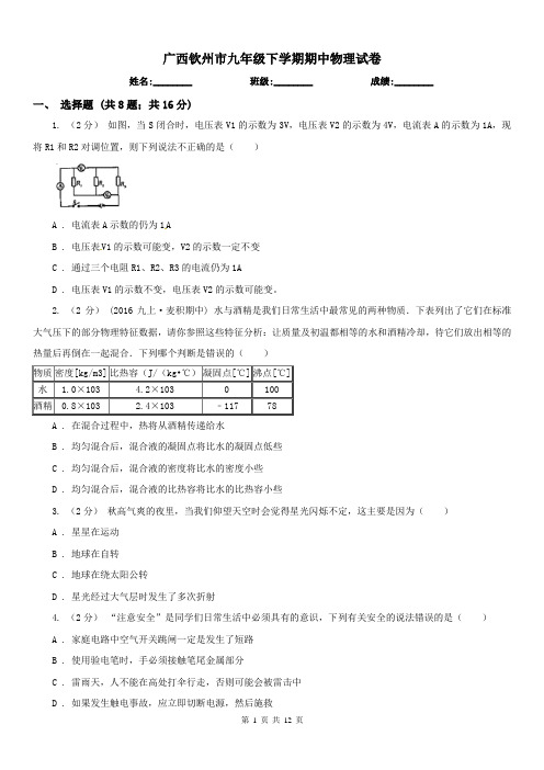 广西钦州市九年级下学期期中物理试卷
