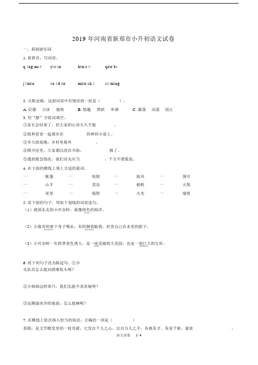 河南省新郑市小升初语文试卷及答案.doc