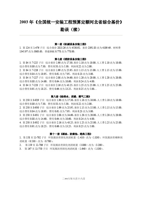 2003年《全国统一安装工程预算定额河北省综合基价》勘误(续)(精)