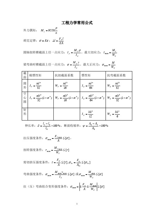 材料力学常用公式