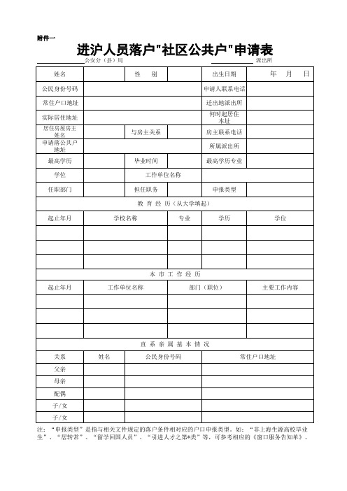 进沪人员落户社区公共户申请表(正面)