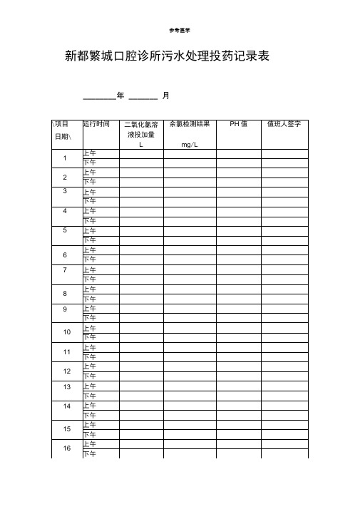 诊所(门诊部)污水处理投药记录表