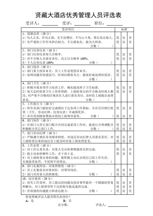 贤藏大酒店优秀管理人员评选表