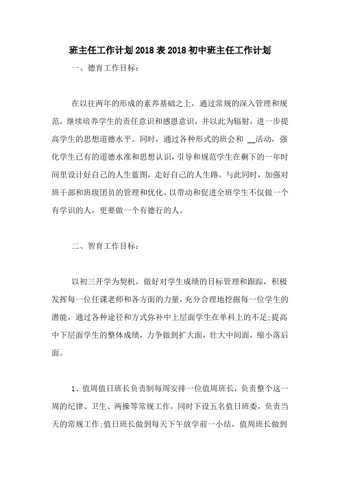 班主任工作计划2018表2018初中班主任工作计划