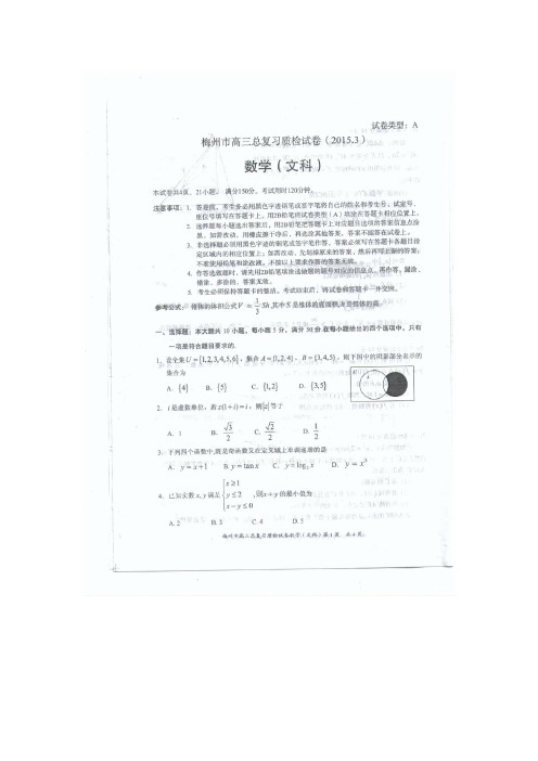 广东省梅州市2015届高三3月总复习质检 数学文(扫描版)