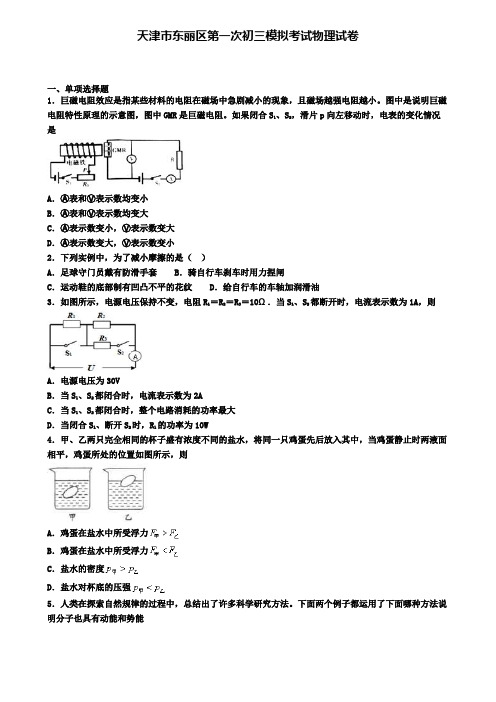 天津市东丽区第一次初三模拟考试物理试卷