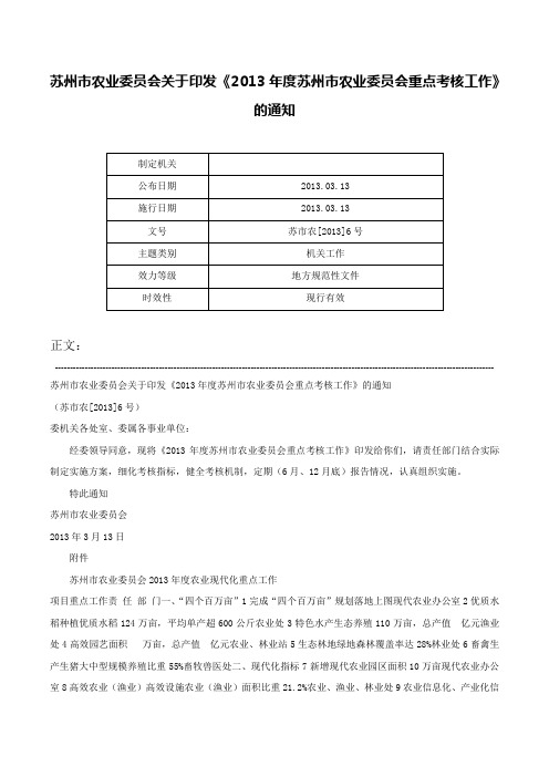 苏州市农业委员会关于印发《2013年度苏州市农业委员会重点考核工作》的通知-苏市农[2013]6号