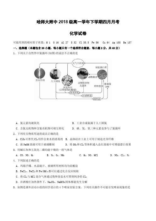 黑龙江省哈尔滨师范大学附属中学2018-2019学年高一下学期第一次月考化学试题(含答案)