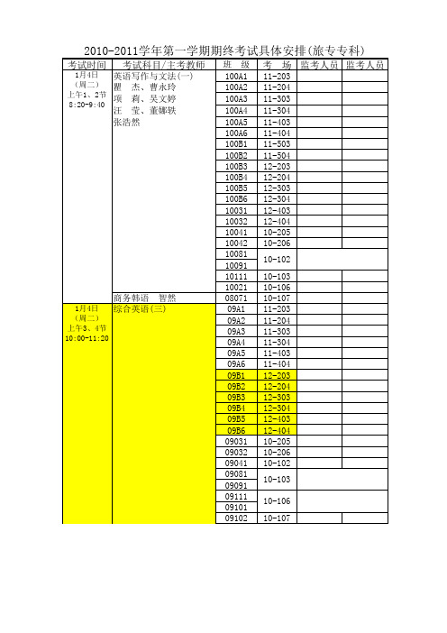 2010-1011(1)专科期末考试安排表