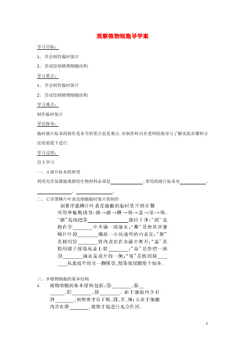 七年级生物上册2.1.2观察植物细胞导学案(无答案)(新版)新人教版
