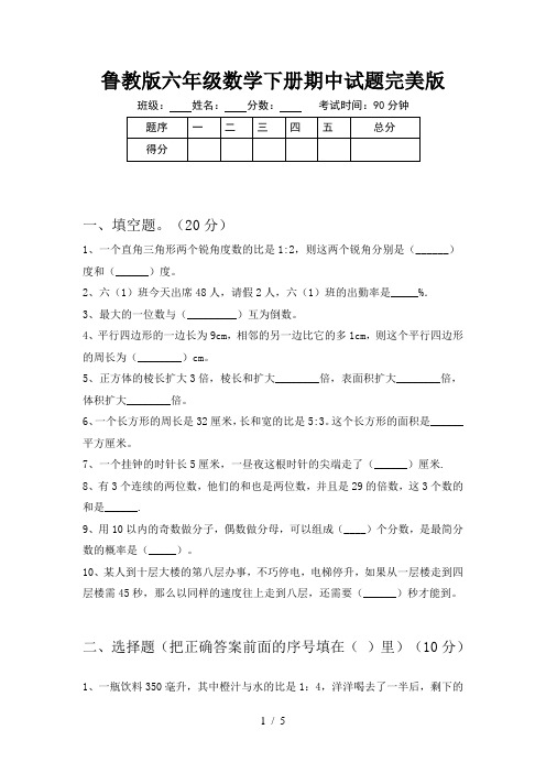 鲁教版六年级数学下册期中试题完美版