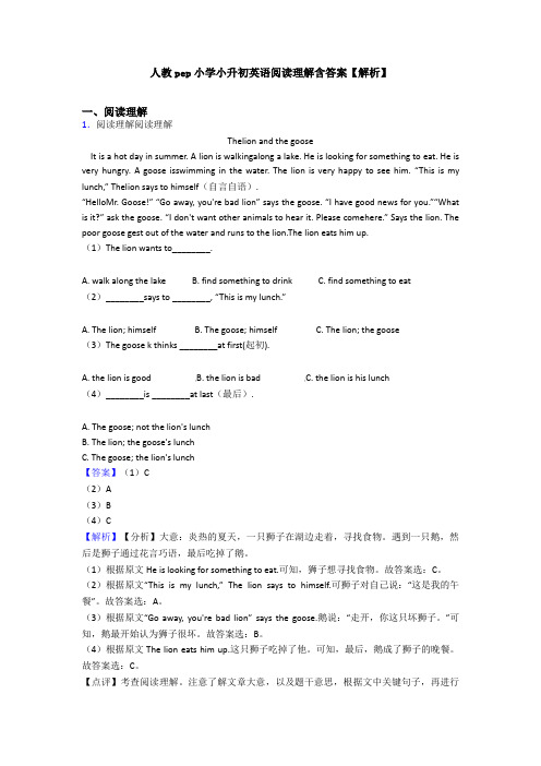 人教pep小学小升初英语阅读理解含答案【解析】 (2)