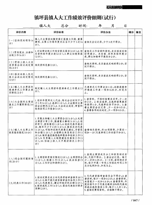 镇坪县镇人大工作绩效评价细则(试行)