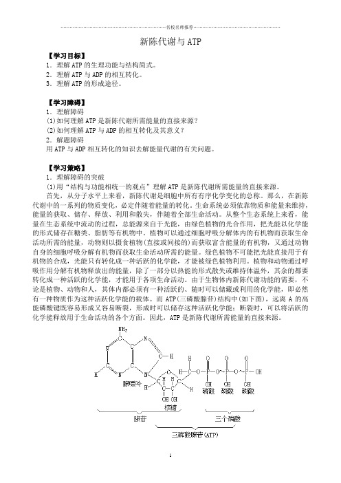 高中生物新陈代谢与ATP名师精选教案2人教版 必修1