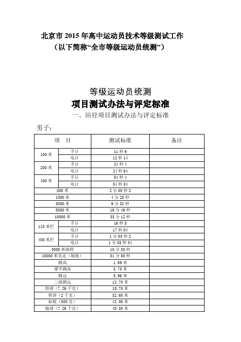 北京等级运动员统测---项目测试办法与评定标准