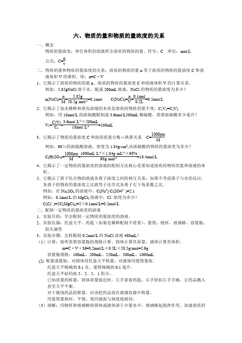 物质的量和物质的量浓度的关系及其强化练习