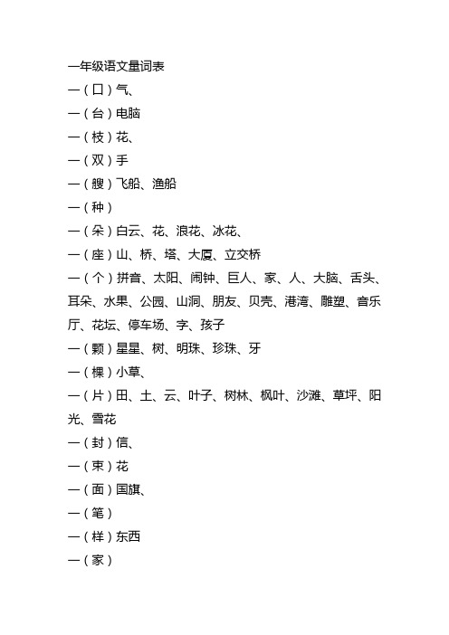 苏教版小学一年级上册语文量词表
