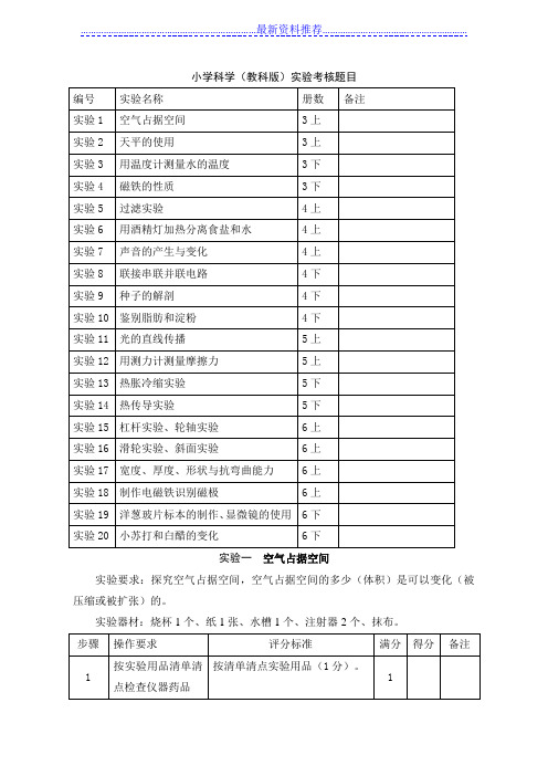 小学科学(教科版)实验考核题目