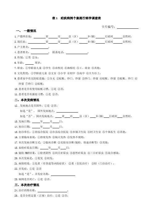表1  疟疾病例个案流行病学调查表