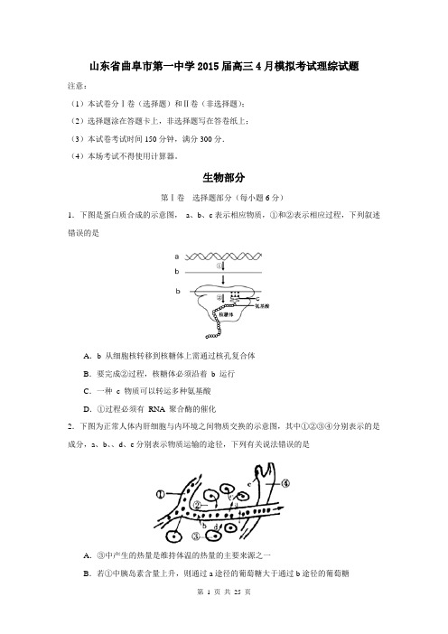 山东省曲阜市第一中学2015届高三4月模拟考试理综试题