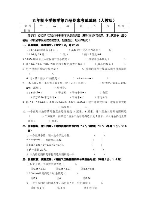 九年制小学数学第九册期末考试试题(人教版)