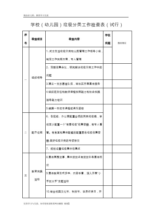 最新学校垃圾分类工作检查表