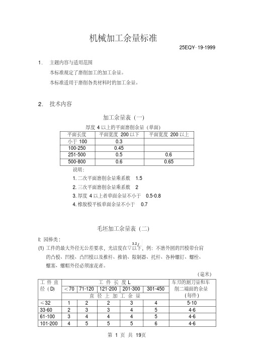 机械加工余量标准