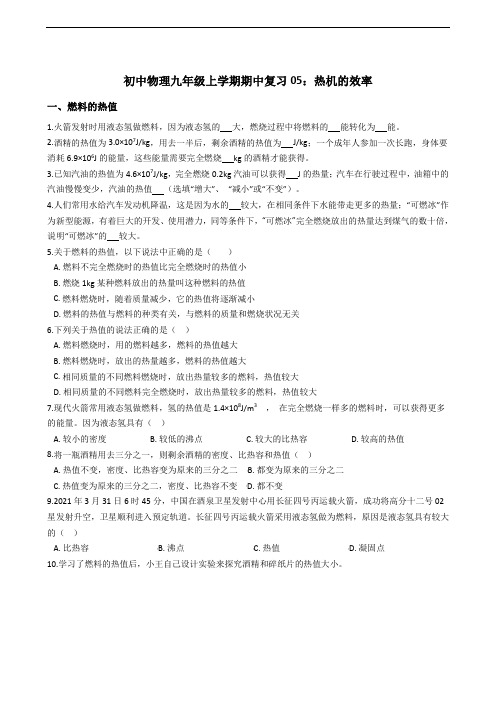 初中物理九年级上学期期中复习05：热机的效率