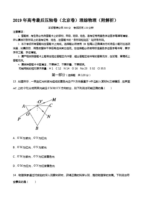 2019年高考最后压轴卷(北京卷)理综物理(附解析)