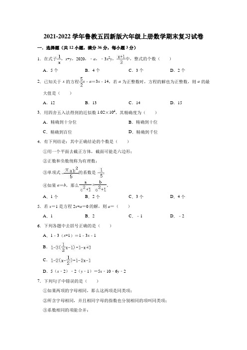 2021-2022学年鲁教版(五四制)六年级上学期数学期末复习试卷(word版 含答案)