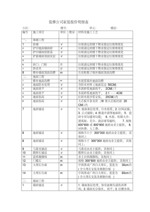 (完整版)家庭装修工程项目内容明细表OK