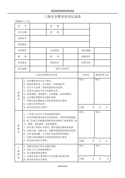 三级安全教育培训记录表