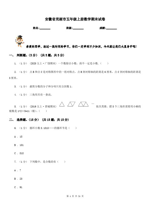 安徽省芜湖市五年级上册数学期末试卷