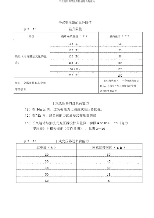 干式变压器的温升限值过负荷能力