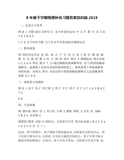 8年级下学期物理补充习题答案苏科版2019