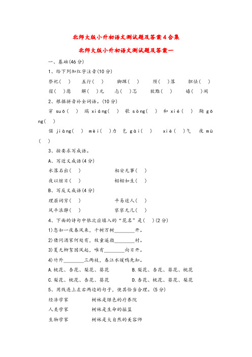 2015-2016学年度最新北师大版小升初语文测试题及答案4套合集