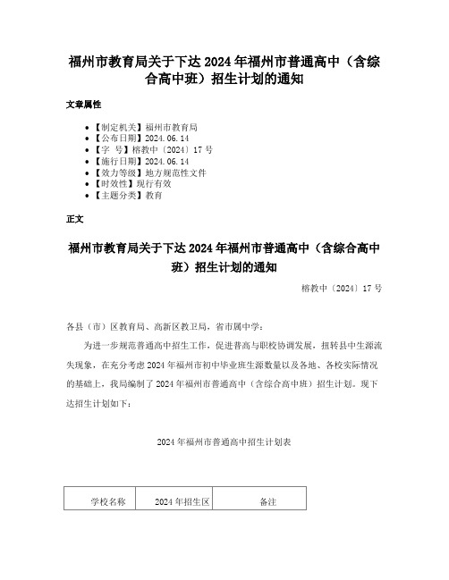 福州市教育局关于下达2024年福州市普通高中（含综合高中班）招生计划的通知