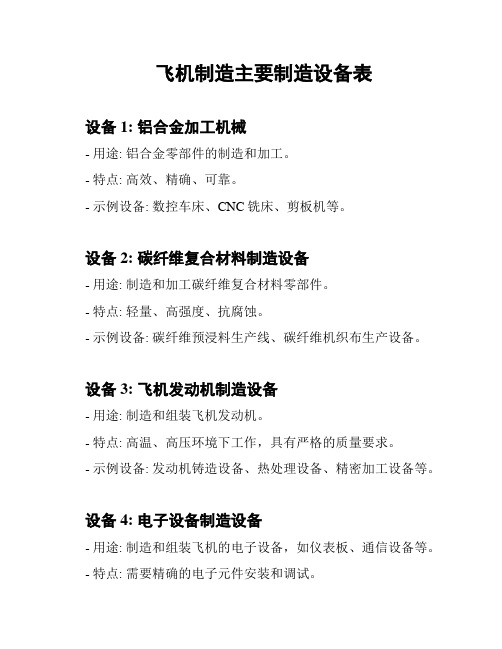 飞机制造主要制造设备表